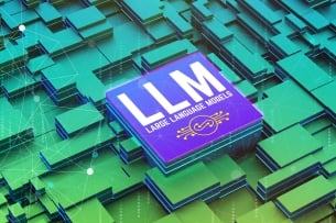 A graphic depicting a blue square featuring the words "LLM: Large Language Model" against a textured green background.